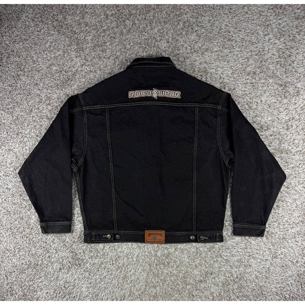 Rocawear Men's XL Black Denim Jacket Full Zip Embroidered Logo Y2K Hip Hop